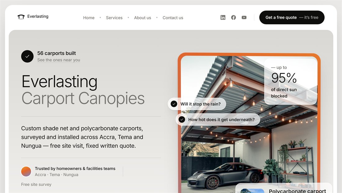 The Everlasting Carport Canopies home page: the headline "Everlasting Carport Canopies" over a line about custom shade net and polycarbonate carports across Accra, Tema and Nungua, beside a photo of a lit carport covering a car.