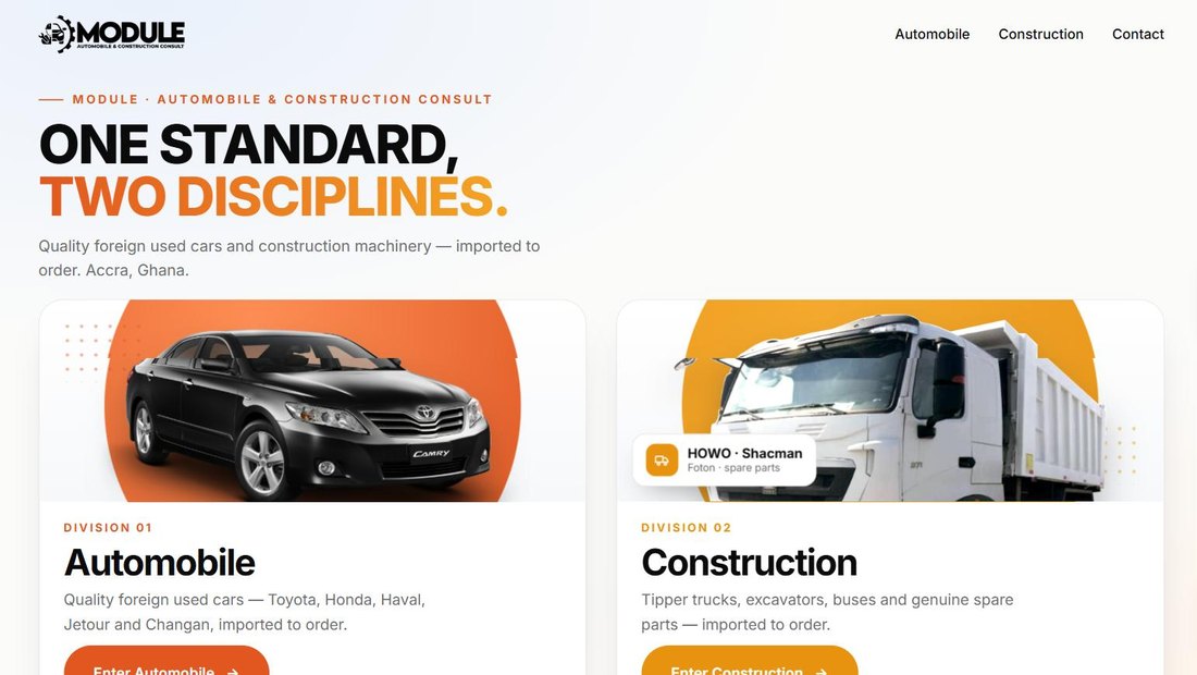 The MODULE Automobile & Construction Consult home page: the headline "One standard, two disciplines." over a line about foreign used cars and construction machinery imported to order in Accra, above cards for the Automobile and Construction divisions.